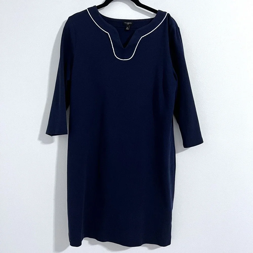 Talbots Petite Navy Blue Shift Slip On Dress Size L P Nautical Casual Minimal - Picture 1 of 6